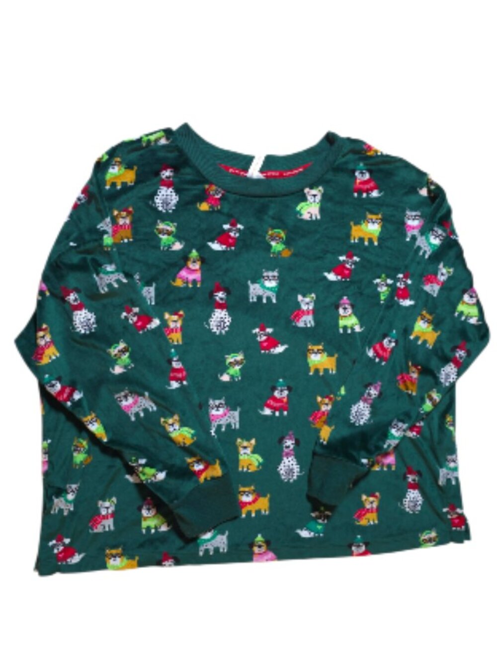 Joyspun XL Christmas Dog Print Pajama Top Green Long Sleeve Holiday Sleepwear